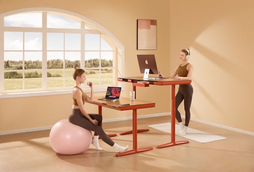 A stylish home office setup with adjustable desks, yoga ball seating, and a serene view.